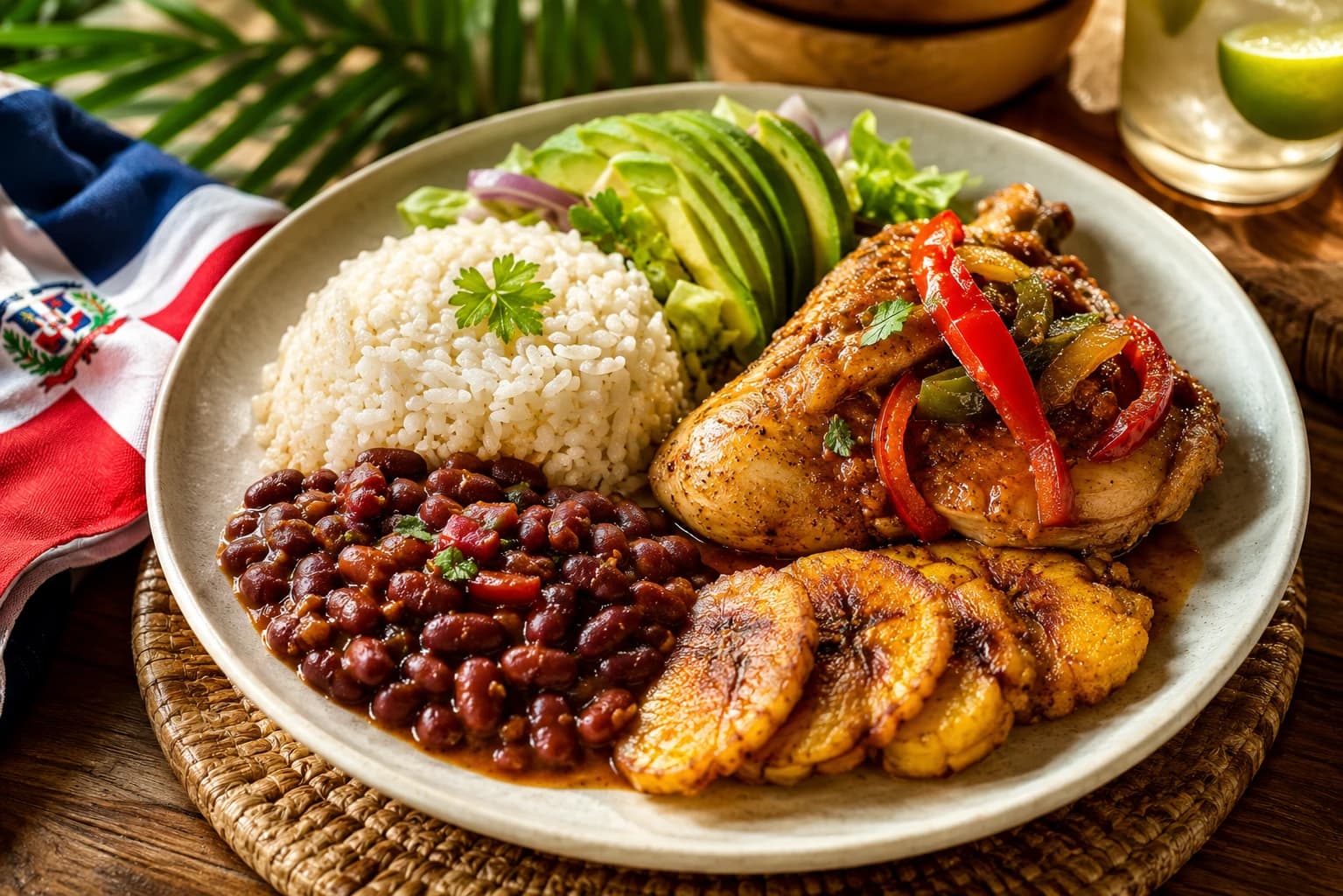 Assiette dominicaine traditionnelle avec riz, haricots et plantain