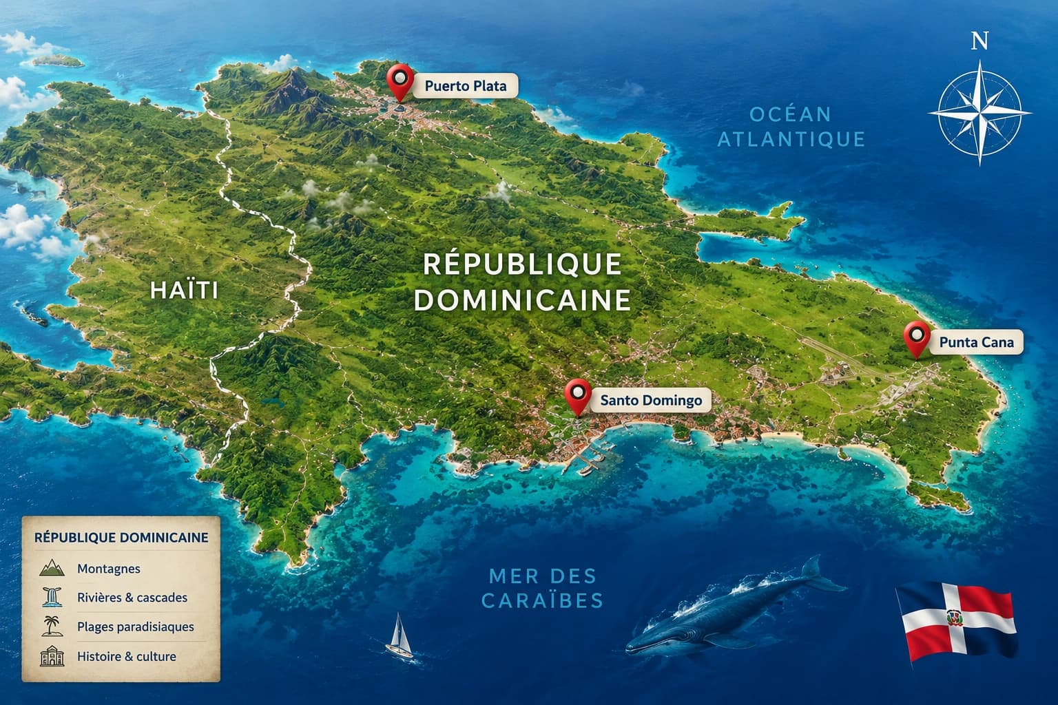 Carte de voyage illustrant les régions clés de la République dominicaine